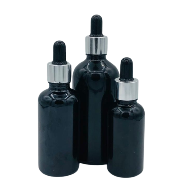 Flacon Pipette 50ml Noir Brillant Bague Argenté
