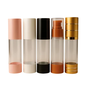 Flacons airless transparents avec bouchons rose, blanc, noir, orange et doré – packaging cosmétique Packarijing