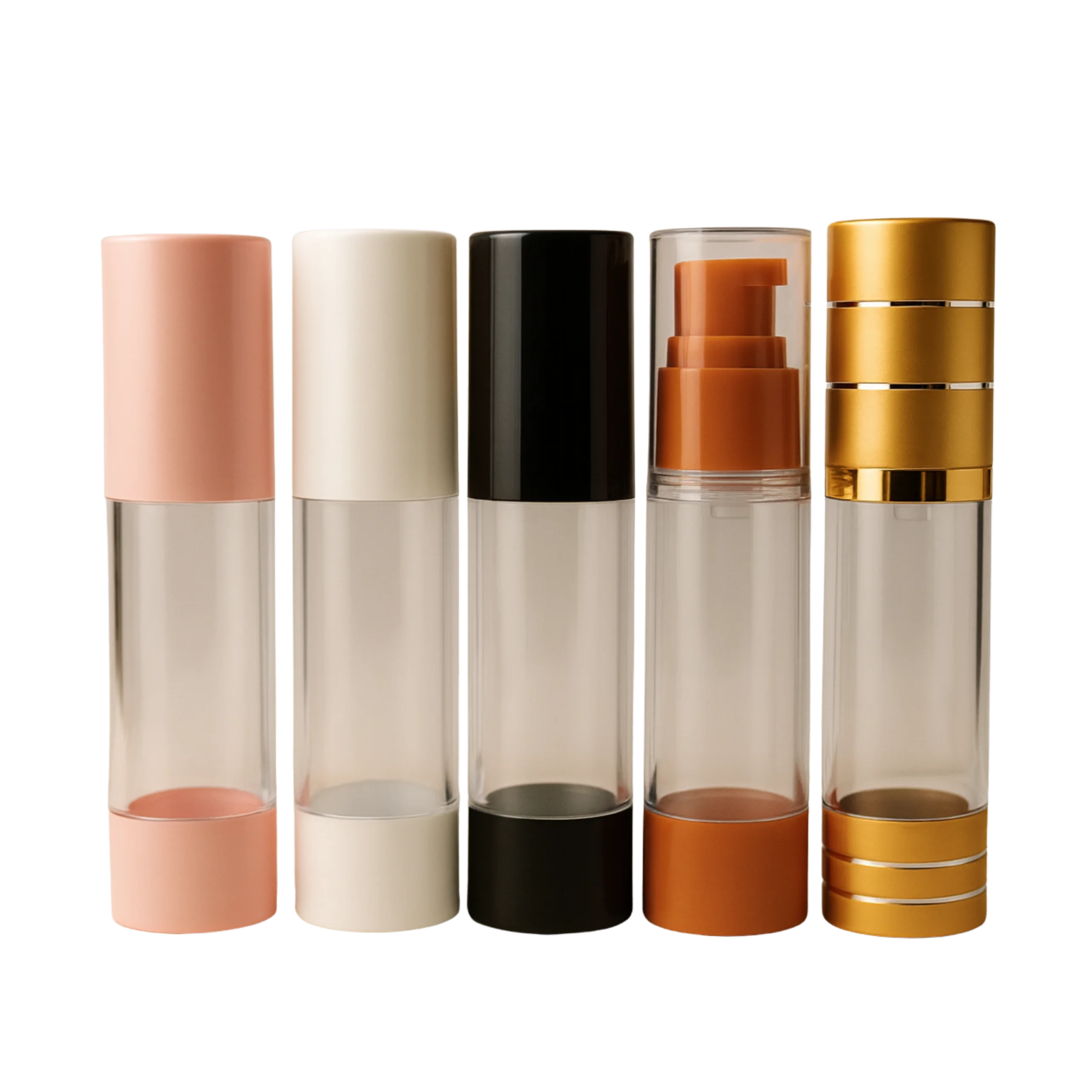 Flacons airless transparents avec bouchons rose, blanc, noir, orange et doré – packaging cosmétique Packarijing