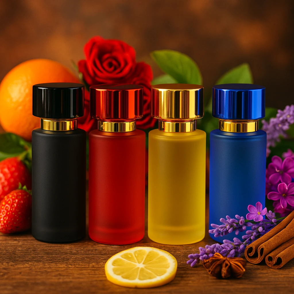 flacon parfum couleur givré avec bouchon doré, noir, rouge, jaune et bleu, Pack’Arijing