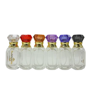 flacons parfum Kayali transparents avec bouchons colorés et col doré, design élégant et raffiné, Pack’Arijing