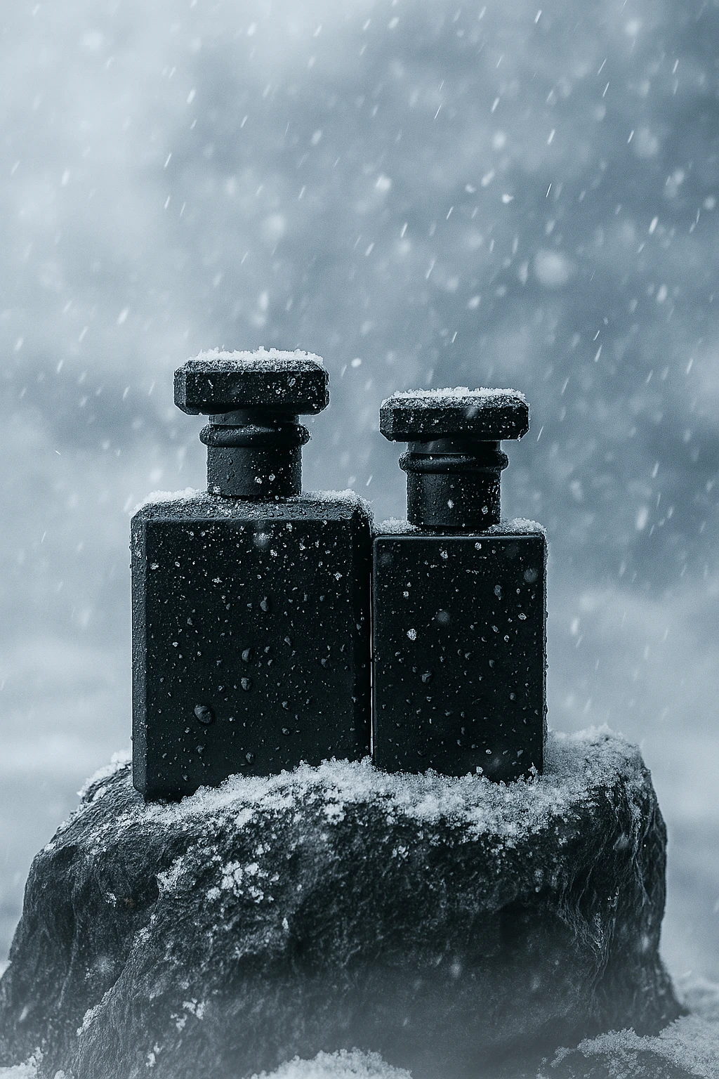 flacons de parfum noirs mats posés sur un rocher enneigé, gouttes d’eau et cristaux de glace, fond de montagne et tempête de neige, Pack’Arijing
