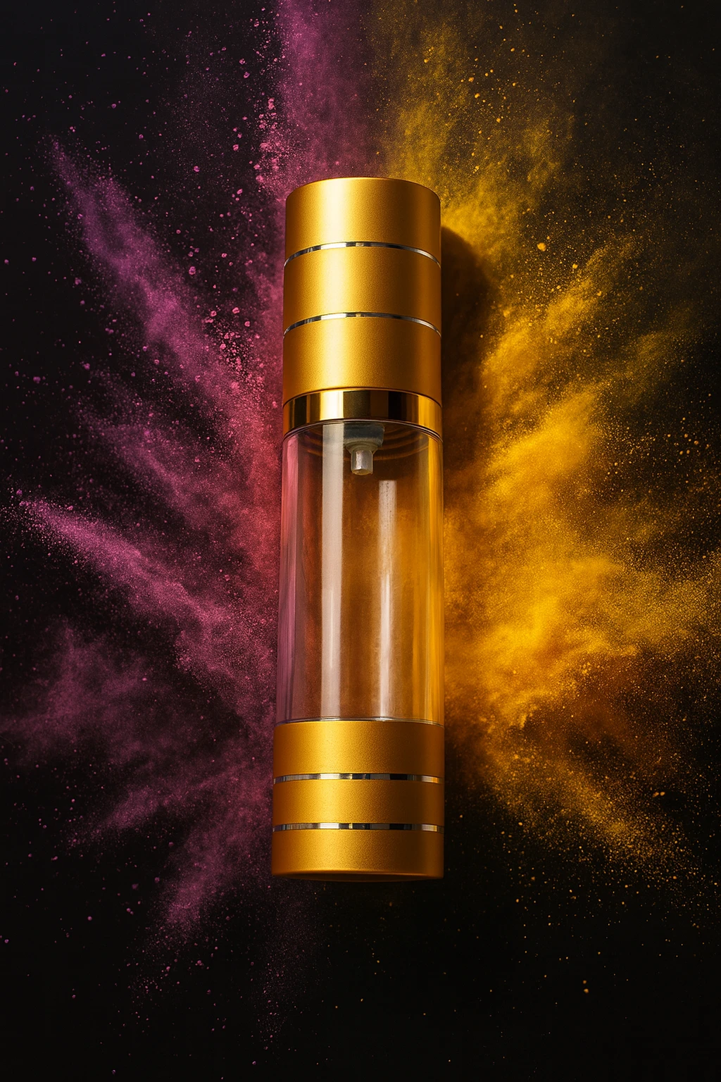 Flacon airless doré transparent avec explosion de poudre colorée violette et jaune sur fond noir