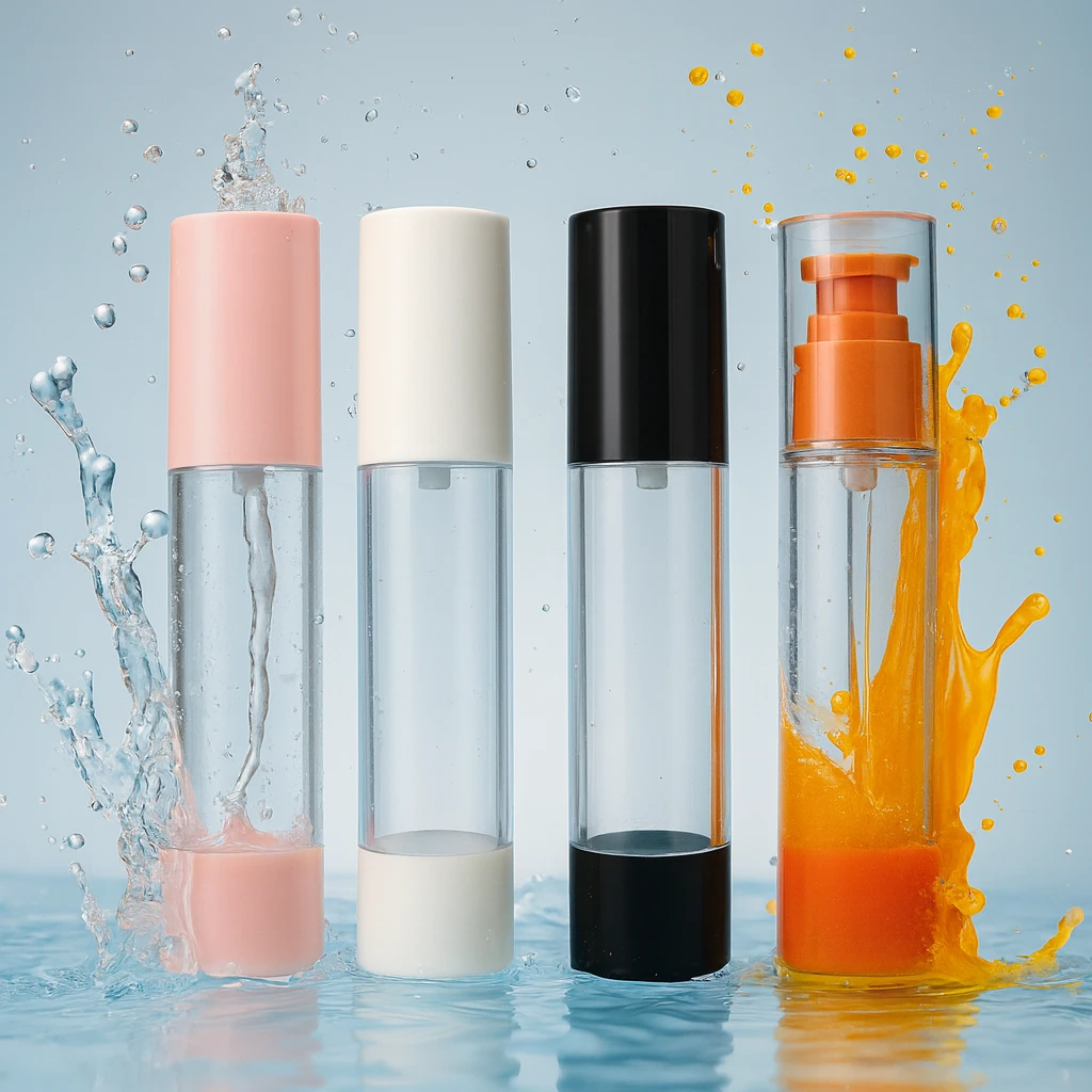 Flacons airless transparents avec splash d’eau et éclaboussures colorées – packaging cosmétique premium